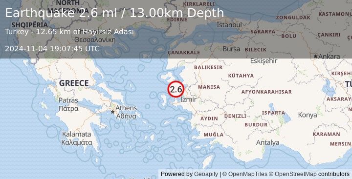 Earthquake NEAR THE COAST OF WESTERN TURKEY (2.6 ml) (2024-11-04 19:07:45 UTC)