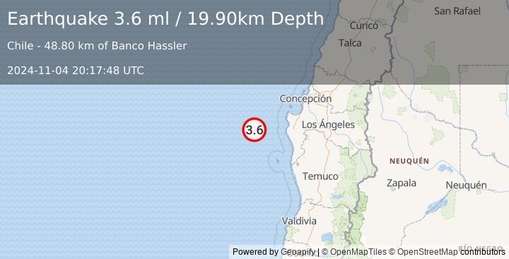 Earthquake OFFSHORE BIO-BIO, CHILE (3.6 ml) (2024-11-04 20:17:48 UTC)