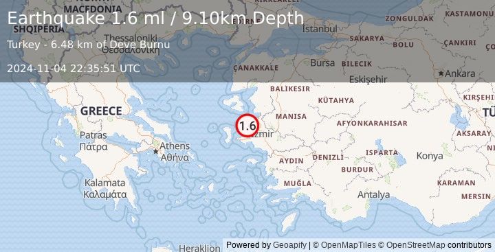 Earthquake NEAR THE COAST OF WESTERN TURKEY (1.6 ml) (2024-11-04 22:35:51 UTC)