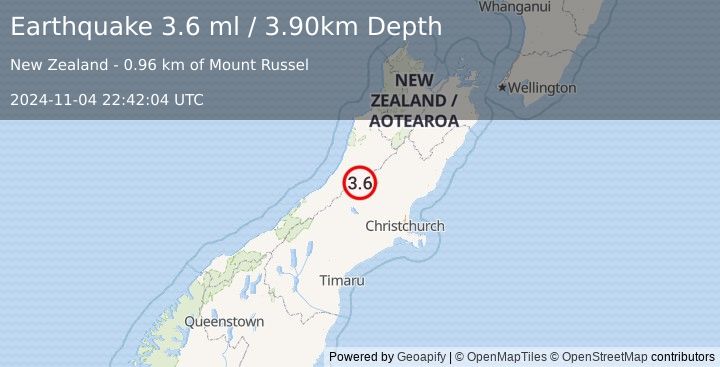 Earthquake SOUTH ISLAND OF NEW ZEALAND (3.6 ml) (2024-11-04 22:42:04 UTC)