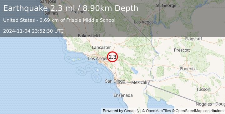 Earthquake GREATER LOS ANGELES AREA, CALIF. (2.3 ml) (2024-11-04 23:52:30 UTC)