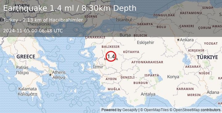 Earthquake WESTERN TURKEY (1.4 ml) (2024-11-05 00:06:48 UTC)