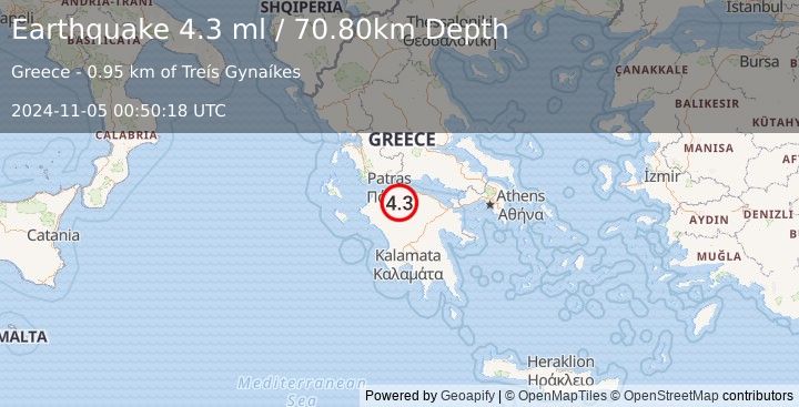 Earthquake SOUTHERN GREECE (4.3 ml) (2024-11-05 00:50:18 UTC)