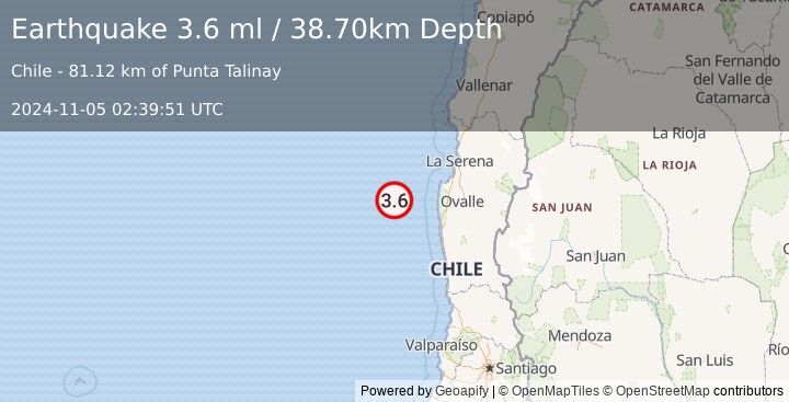 Earthquake OFFSHORE COQUIMBO, CHILE (3.6 ml) (2024-11-05 02:39:51 UTC)