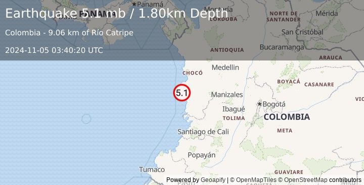 Earthquake NEAR WEST COAST OF COLOMBIA (5.1 mb) (2024-11-05 03:40:20 UTC)