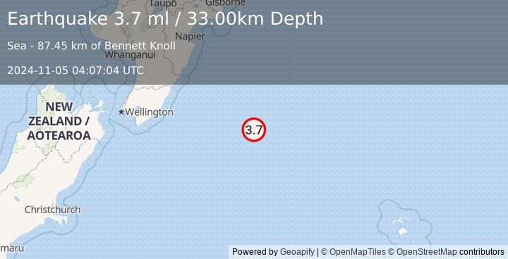 Earthquake OFF E. COAST OF N. ISLAND, N.Z. (3.7 ml) (2024-11-05 04:07:04 UTC)