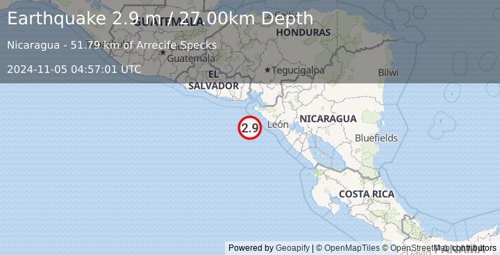 Earthquake NEAR COAST OF NICARAGUA (2.9 m) (2024-11-05 04:57:01 UTC)