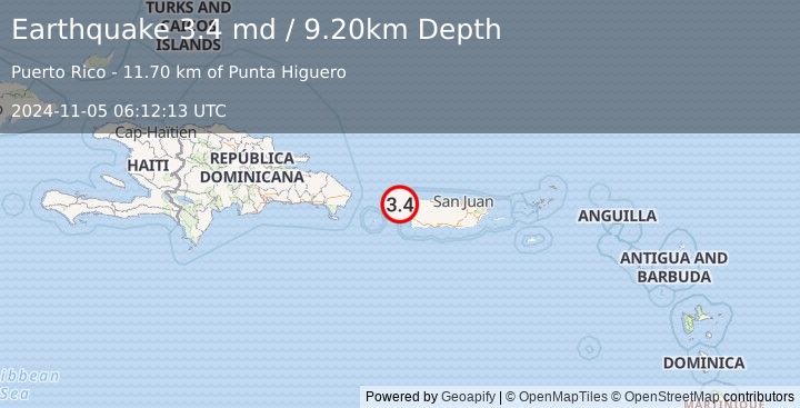 Earthquake MONA PASSAGE, PUERTO RICO (3.4 md) (2024-11-05 06:12:13 UTC)