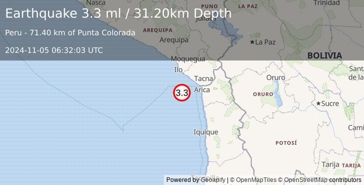 Earthquake OFF COAST OF TARAPACA, CHILE (3.3 ml) (2024-11-05 06:32:03 UTC)