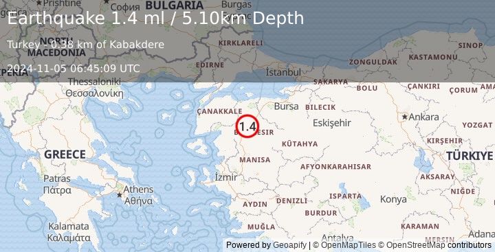 Earthquake WESTERN TURKEY (1.4 ml) (2024-11-05 06:45:09 UTC)