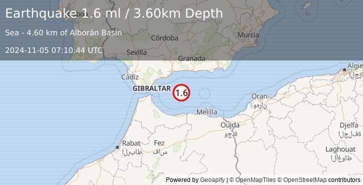 Earthquake STRAIT OF GIBRALTAR (1.6 ml) (2024-11-05 07:10:44 UTC)