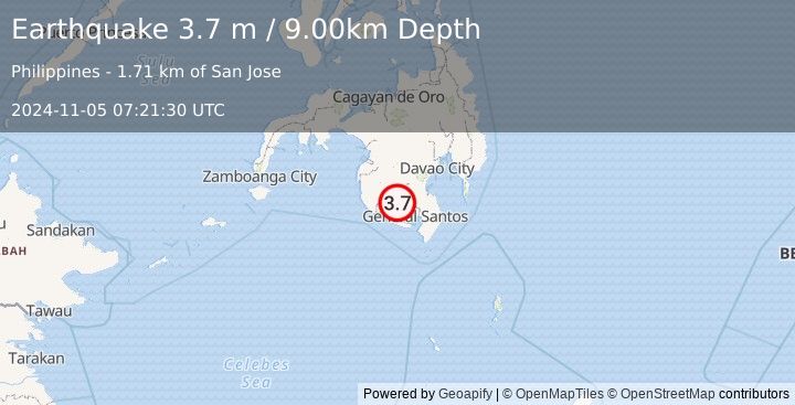 Earthquake MINDANAO, PHILIPPINES (3.7 m) (2024-11-05 07:21:30 UTC)