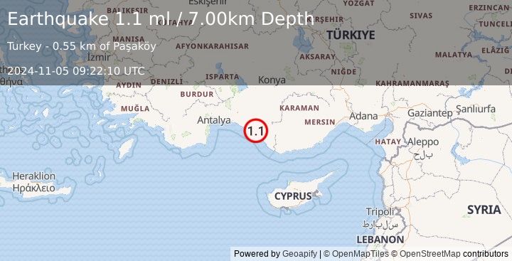 Earthquake CENTRAL TURKEY (1.1 ml) (2024-11-05 09:22:10 UTC)