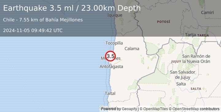 Earthquake OFFSHORE ANTOFAGASTA, CHILE (3.5 ml) (2024-11-05 09:49:42 UTC)