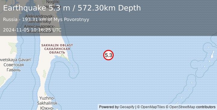 Earthquake SEA OF OKHOTSK (5.3 m) (2024-11-05 10:16:25 UTC)