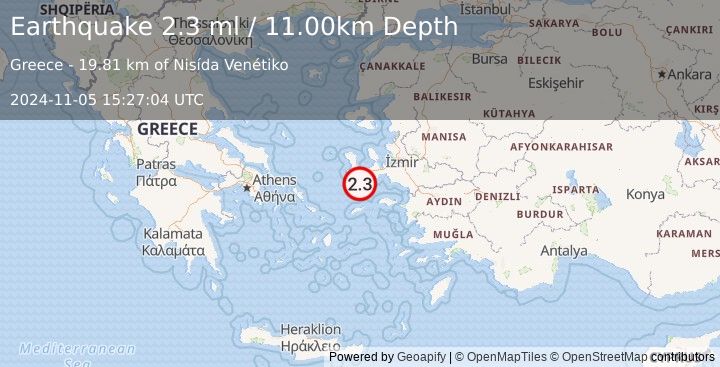 Earthquake NEAR THE COAST OF WESTERN TURKEY (2.3 ml) (2024-11-05 15:27:04 UTC)