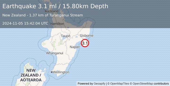 Earthquake OFF E. COAST OF N. ISLAND, N.Z. (3.1 ml) (2024-11-05 15:42:04 UTC)