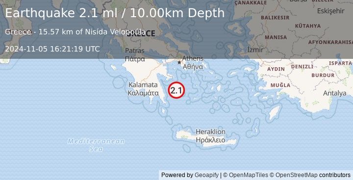 Earthquake SOUTHERN GREECE (2.1 ml) (2024-11-05 16:21:19 UTC)