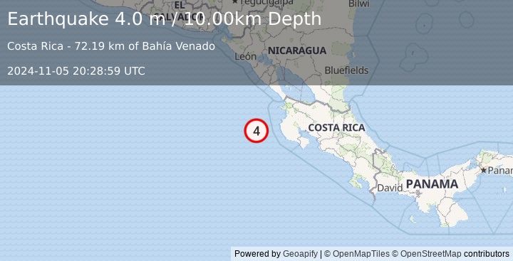 Earthquake OFF COAST OF COSTA RICA (4.0 m) (2024-11-05 20:28:59 UTC)