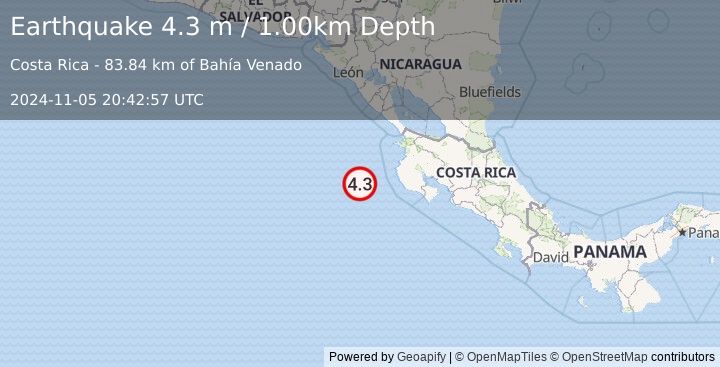 Earthquake OFF COAST OF COSTA RICA (4.3 m) (2024-11-05 20:42:57 UTC)