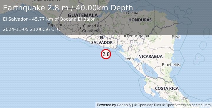 Earthquake OFFSHORE EL SALVADOR (2.8 m) (2024-11-05 21:00:56 UTC)