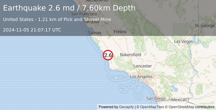 Earthquake CENTRAL CALIFORNIA (2.6 md) (2024-11-05 21:07:17 UTC)