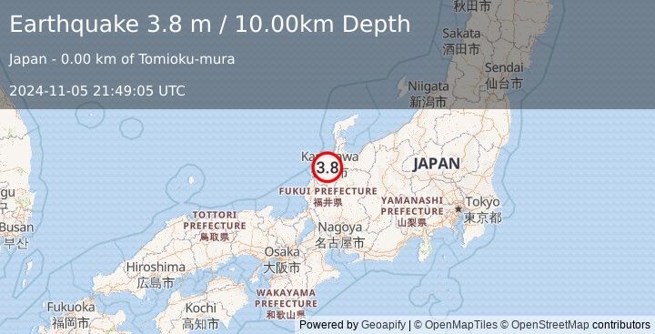 Earthquake NEAR WEST COAST OF HONSHU, JAPAN (3.8 m) (2024-11-05 21:49:05 UTC)