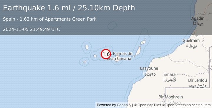 Earthquake CANARY ISLANDS, SPAIN REGION (1.6 ml) (2024-11-05 21:49:49 UTC)