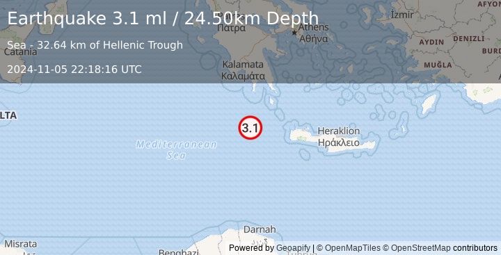 Earthquake CENTRAL MEDITERRANEAN SEA (3.1 ml) (2024-11-05 22:18:16 UTC)