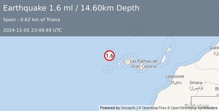 Earthquake CANARY ISLANDS, SPAIN REGION (1.6 ml) (2024-11-05 23:49:49 UTC)