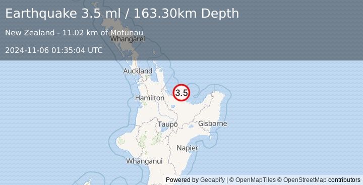 Earthquake NORTH ISLAND OF NEW ZEALAND (3.5 ml) (2024-11-06 01:35:04 UTC)