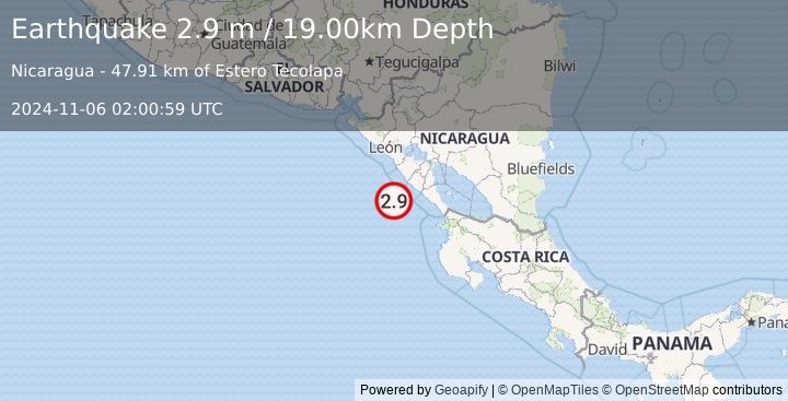 Earthquake NEAR COAST OF NICARAGUA (2.9 m) (2024-11-06 02:00:59 UTC)