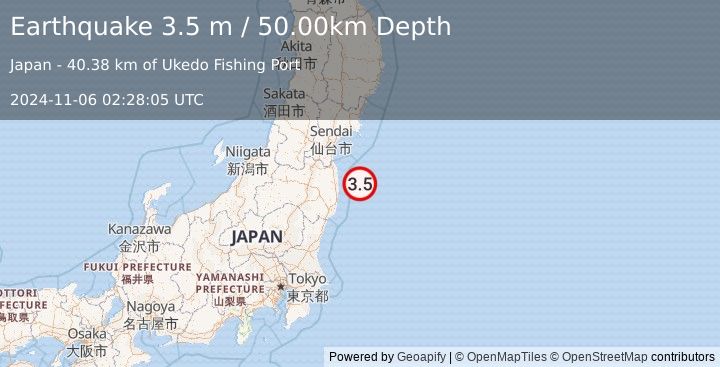 Earthquake NEAR EAST COAST OF HONSHU, JAPAN (3.5 m) (2024-11-06 02:28:05 UTC)