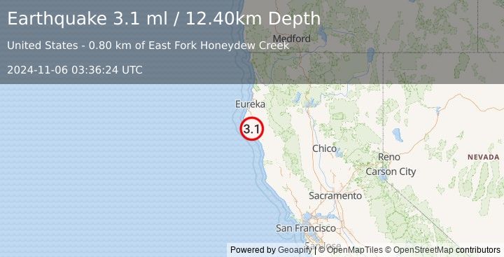 Earthquake NORTHERN CALIFORNIA (3.1 ml) (2024-11-06 03:36:24 UTC)