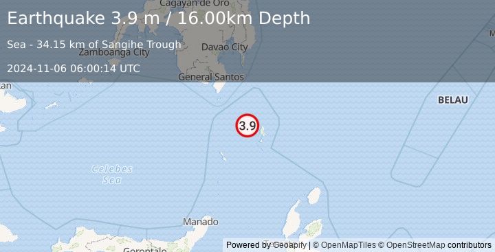 Earthquake KEPULAUAN TALAUD, INDONESIA (3.9 m) (2024-11-06 06:00:14 UTC)