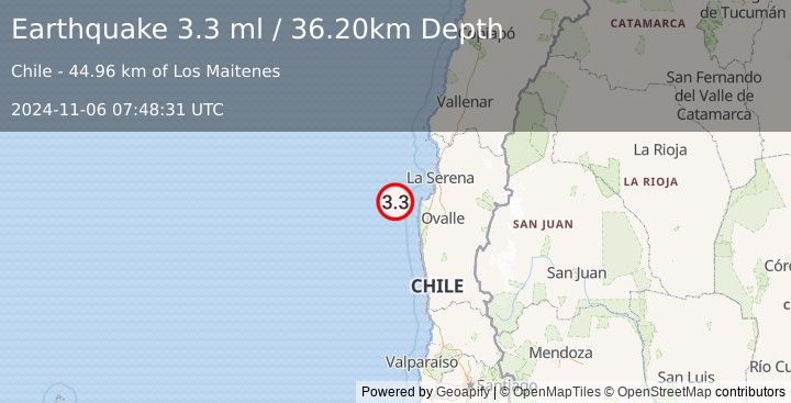 Earthquake OFFSHORE COQUIMBO, CHILE (3.3 ml) (2024-11-06 07:48:31 UTC)