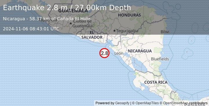 Earthquake NEAR COAST OF NICARAGUA (2.8 m) (2024-11-06 08:43:01 UTC)