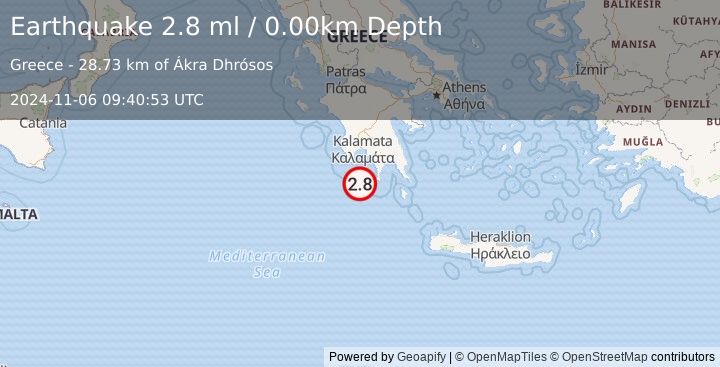 Earthquake SOUTHERN GREECE (2.8 ml) (2024-11-06 09:40:53 UTC)