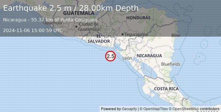 Earthquake NEAR COAST OF NICARAGUA (2.5 m) (2024-11-06 15:00:59 UTC)