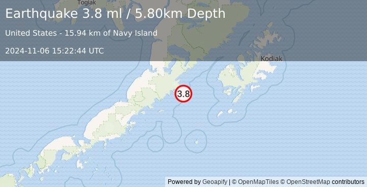 Earthquake ALASKA PENINSULA (3.8 ml) (2024-11-06 15:22:44 UTC)