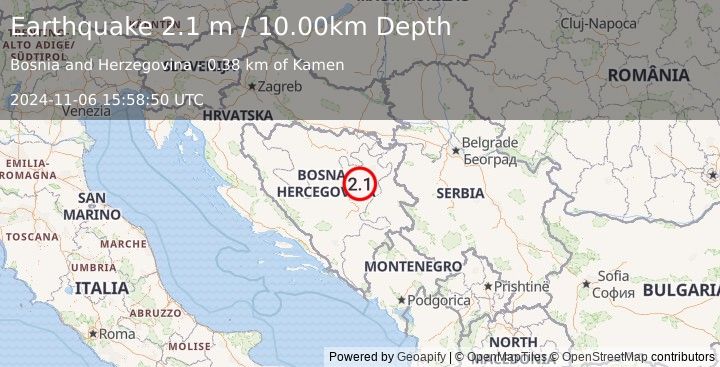 Earthquake BOSNIA AND HERZEGOVINA (2.1 m) (2024-11-06 15:58:50 UTC)