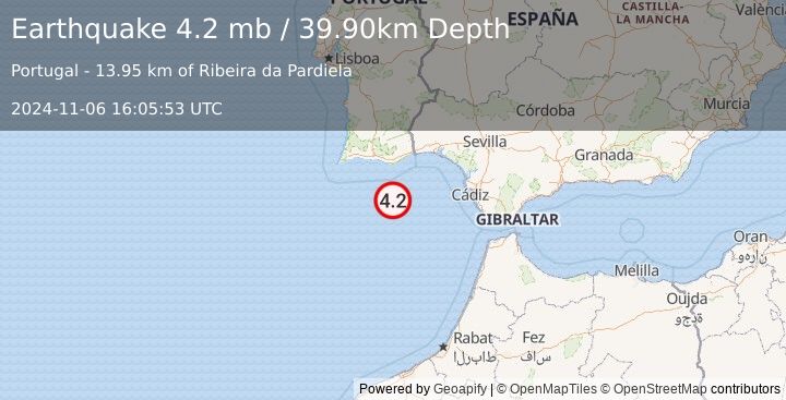 Earthquake STRAIT OF GIBRALTAR (4.2 mb) (2024-11-06 16:05:53 UTC)