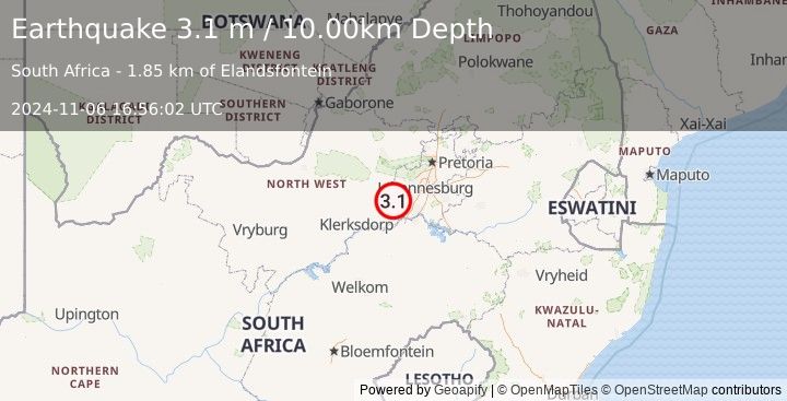 Earthquake SOUTH AFRICA (3.1 m) (2024-11-06 16:56:02 UTC)