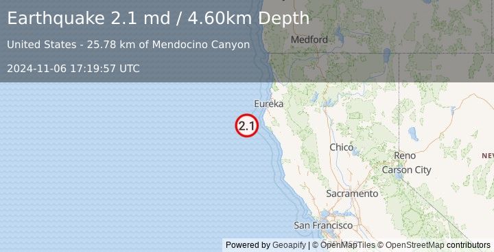 Earthquake OFFSHORE NORTHERN CALIFORNIA (2.1 md) (2024-11-06 17:19:57 UTC)