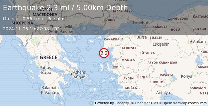 Earthquake NEAR THE COAST OF WESTERN TURKEY (2.3 ml) (2024-11-06 19:27:08 UTC)