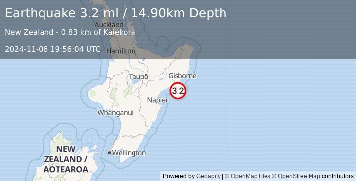 Earthquake OFF E. COAST OF N. ISLAND, N.Z. (3.2 ml) (2024-11-06 19:56:04 UTC)