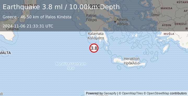 Earthquake SOUTHERN GREECE (3.8 ml) (2024-11-06 21:33:31 UTC)