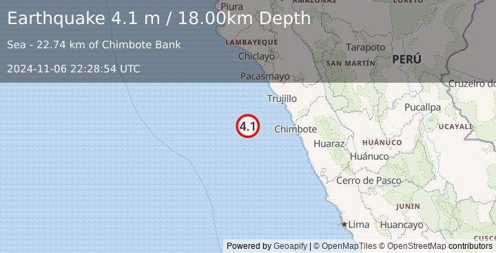 Earthquake OFF COAST OF NORTHERN PERU (4.1 m) (2024-11-06 22:28:54 UTC)