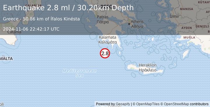 Earthquake SOUTHERN GREECE (2.8 ml) (2024-11-06 22:42:17 UTC)