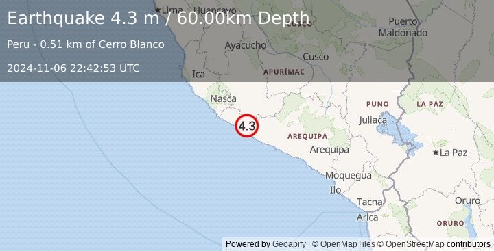 Earthquake NEAR COAST OF SOUTHERN PERU (4.3 m) (2024-11-06 22:42:53 UTC)